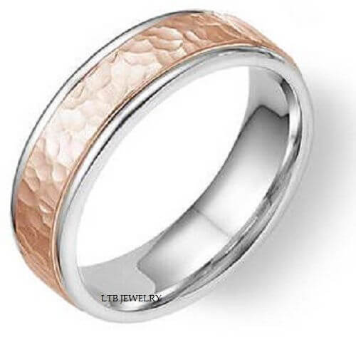Hammered finish two-tone gold wedding ring featuring rose gold and silver, perfect for men's wedding jewelry.