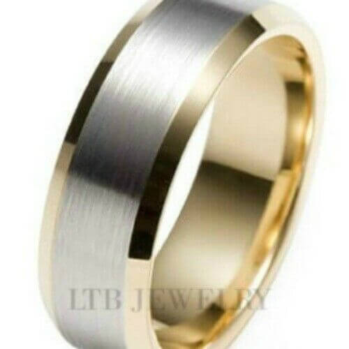 Mens 14K white and yellow gold wedding band with a brushed finish and polished edges.