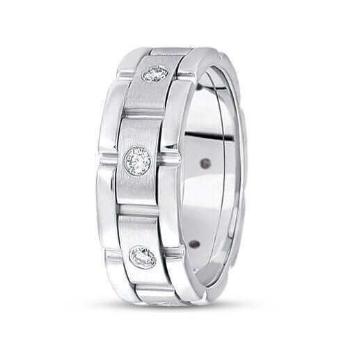 Stylish white gold wedding band ring featuring three diamond accents, perfect for weddings or special occasions.