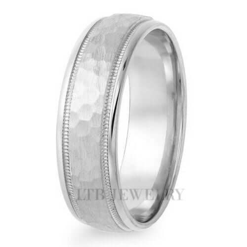 Custom crafted silver wedding band with unique textured finish and polished edges, perfect for expressing love.