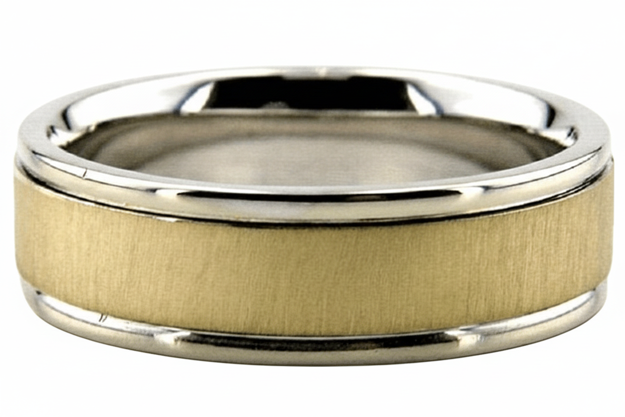 14K White and Yellow Gold Brushed Finish Mens Wedding Bands