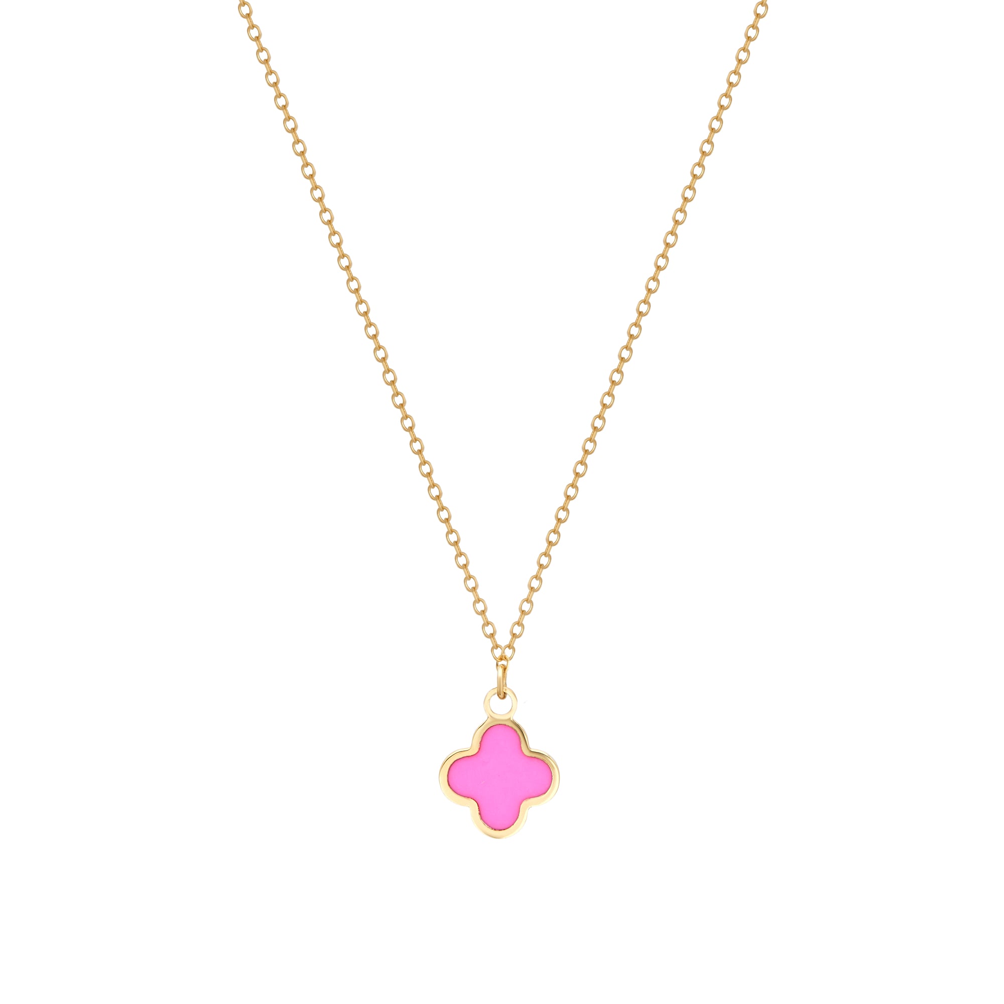 14K Yellow Gold Minimalist Pink Four Leaf Clover Necklace