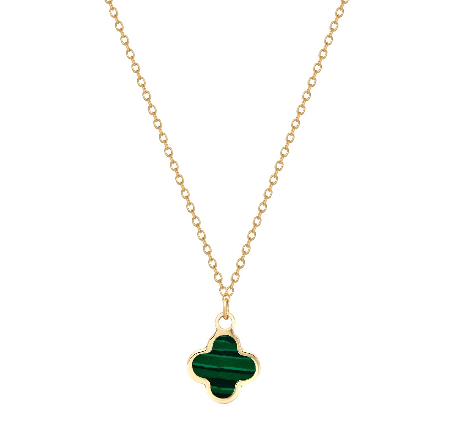 14K Yellow Gold Minimalist Malachite Four Leaf Clover Necklace