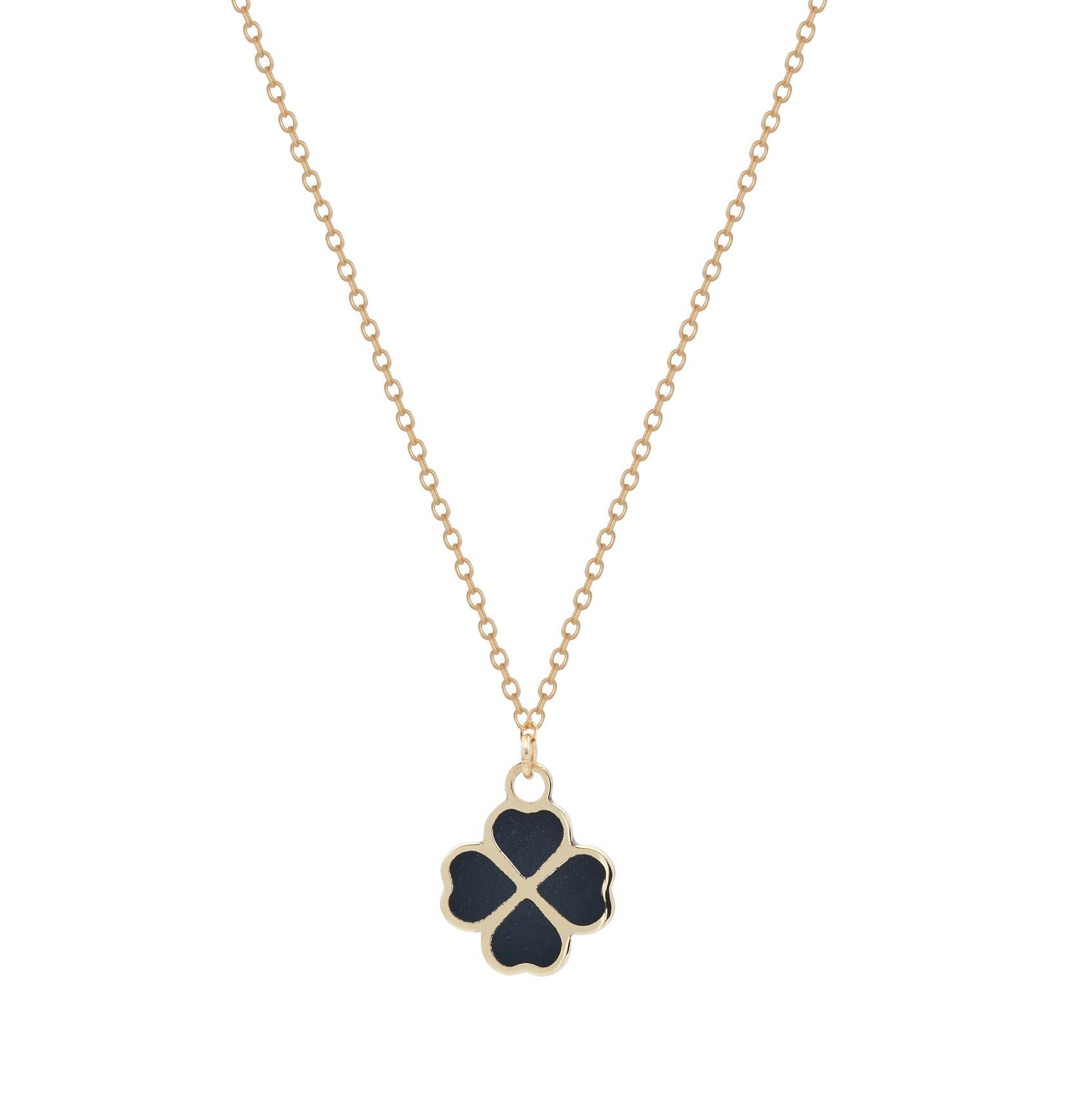 14K Yellow Gold Minimalist Onyx Four Leaf Clover Necklace