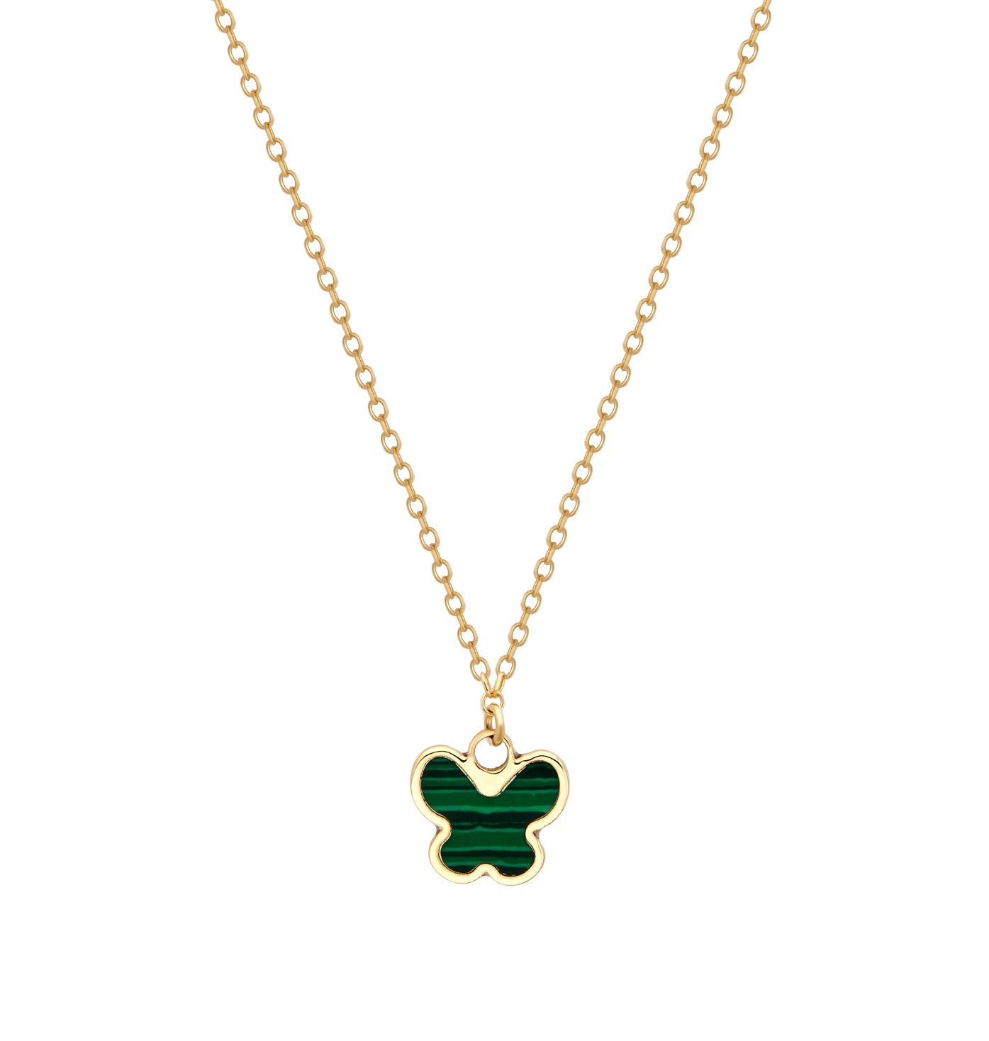 14K Solid Yellow Gold Minimalist Malachite Butterfly Necklace