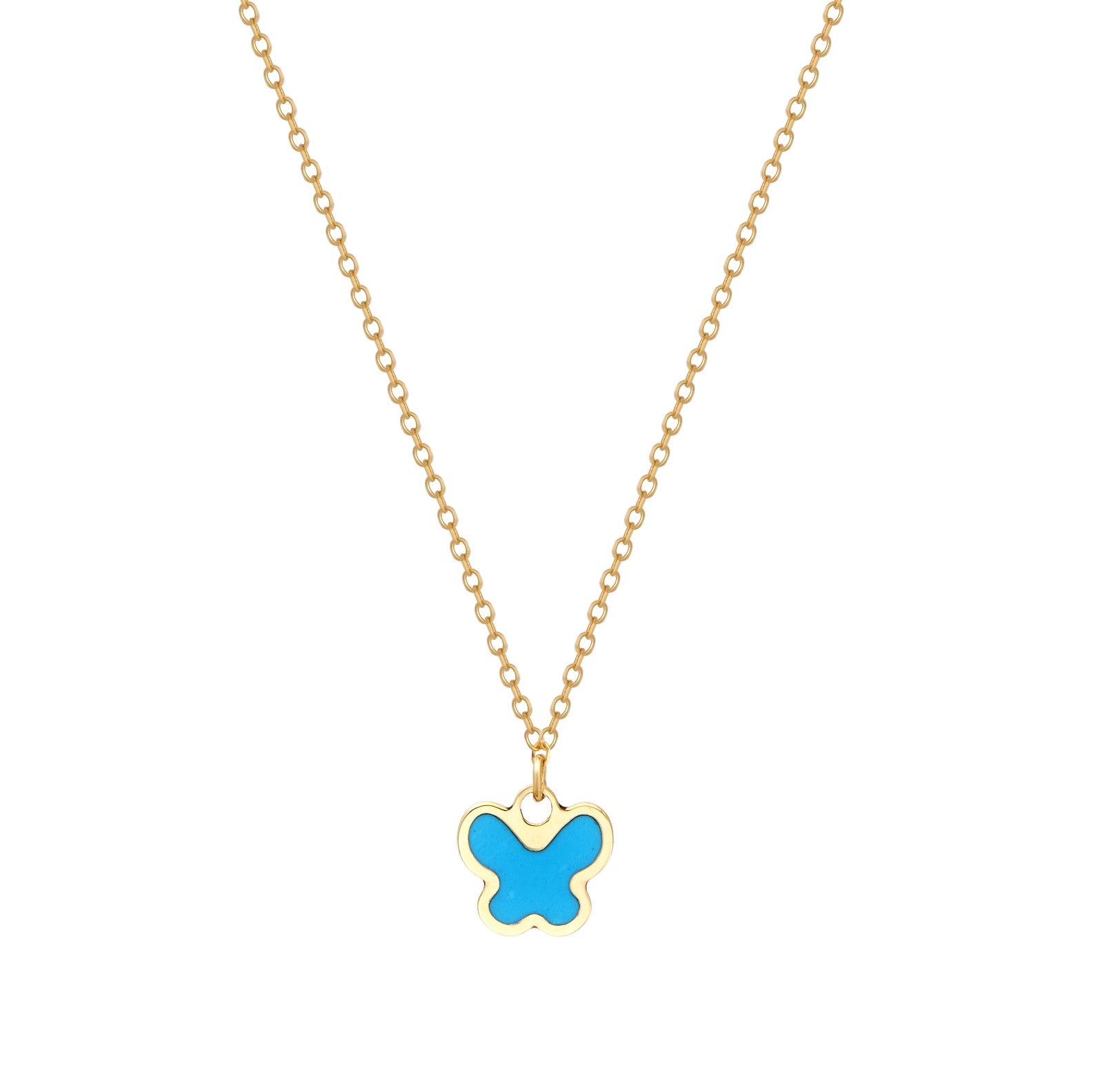 14K Solid Yellow Gold Minimalist Turquoise Butterfly Necklace