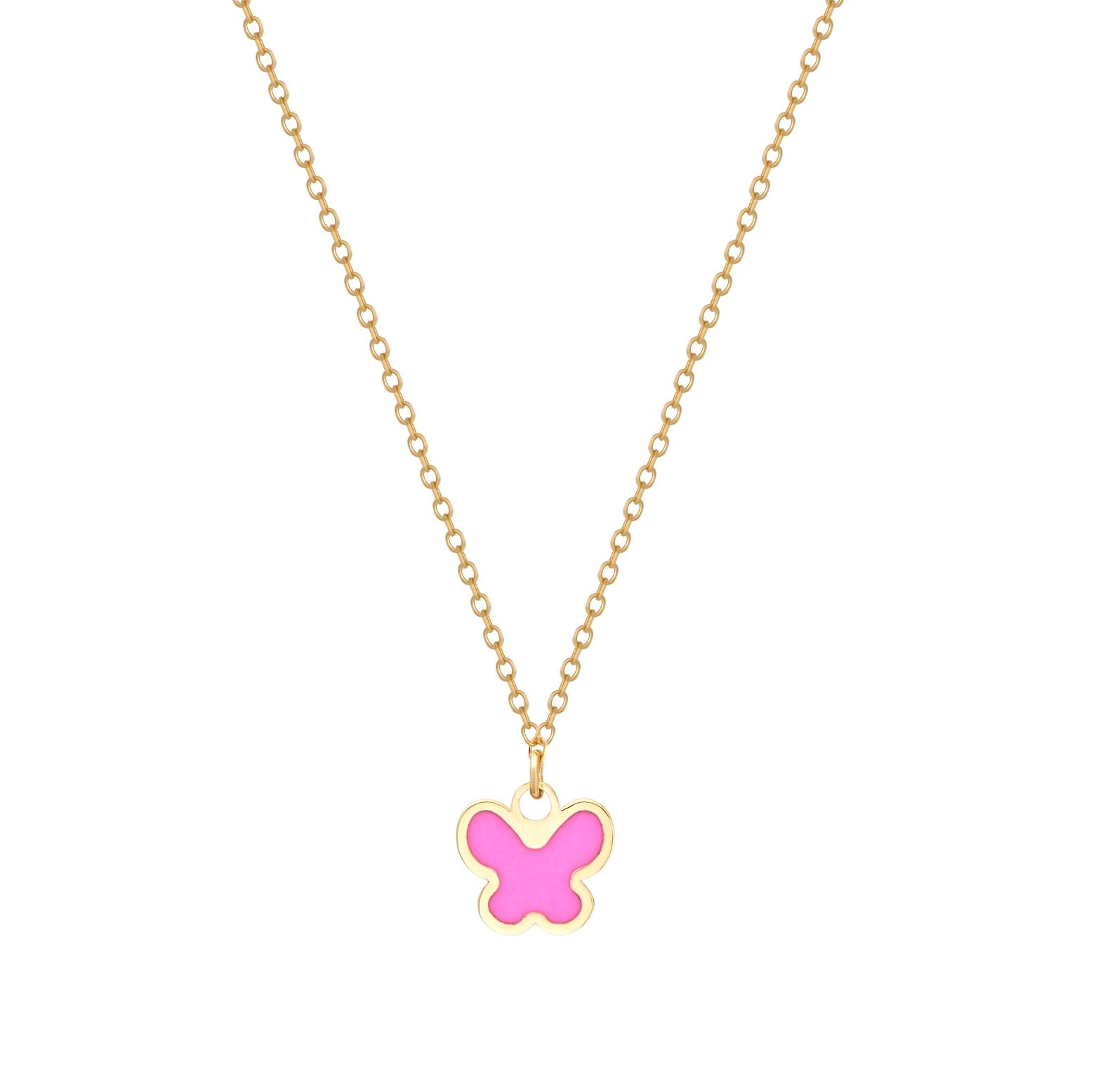 14K Solid Yellow Gold Minimalist Pink Butterfly Necklace