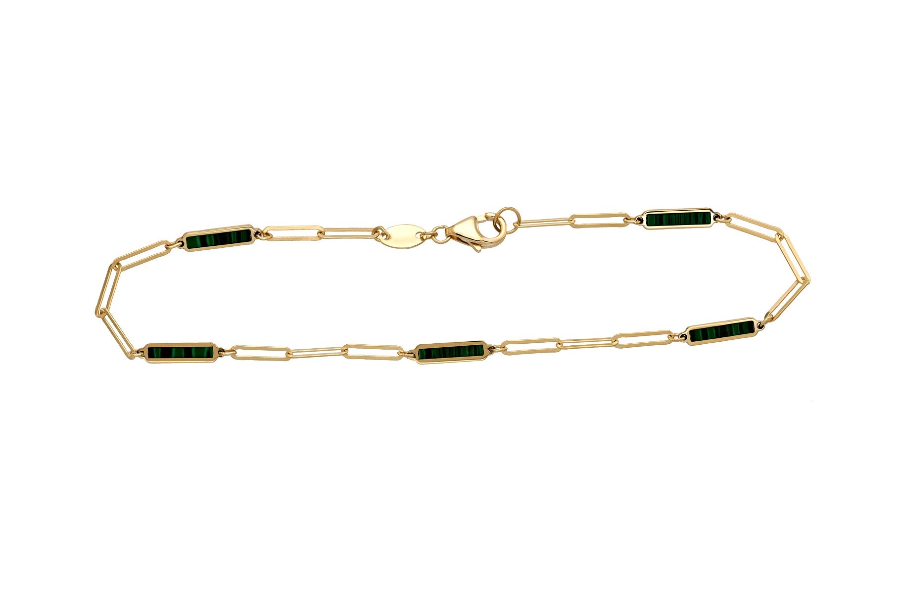 14K Solid Yellow Gold Station Malachite Bar Bracelet