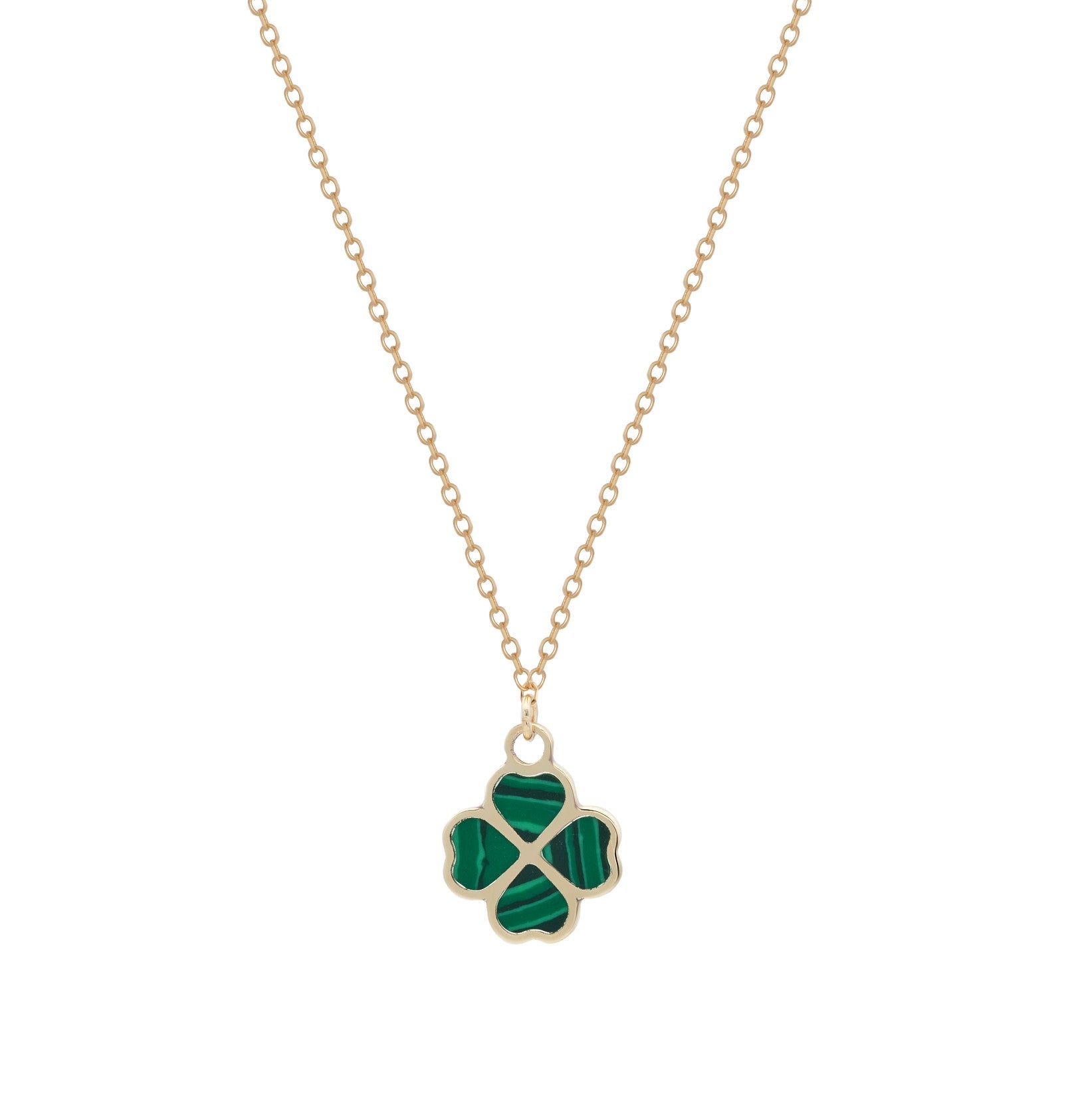 14K Yellow Gold Minimalist Malachite Four Leaf Clover Necklace