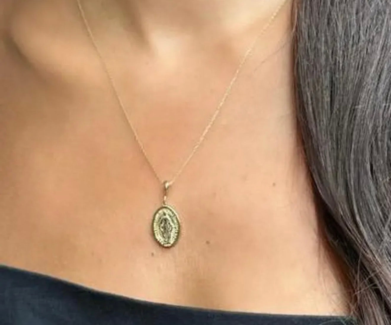 14K Solid Yellow Gold Virgin Mary Necklace, Jesus Necklace