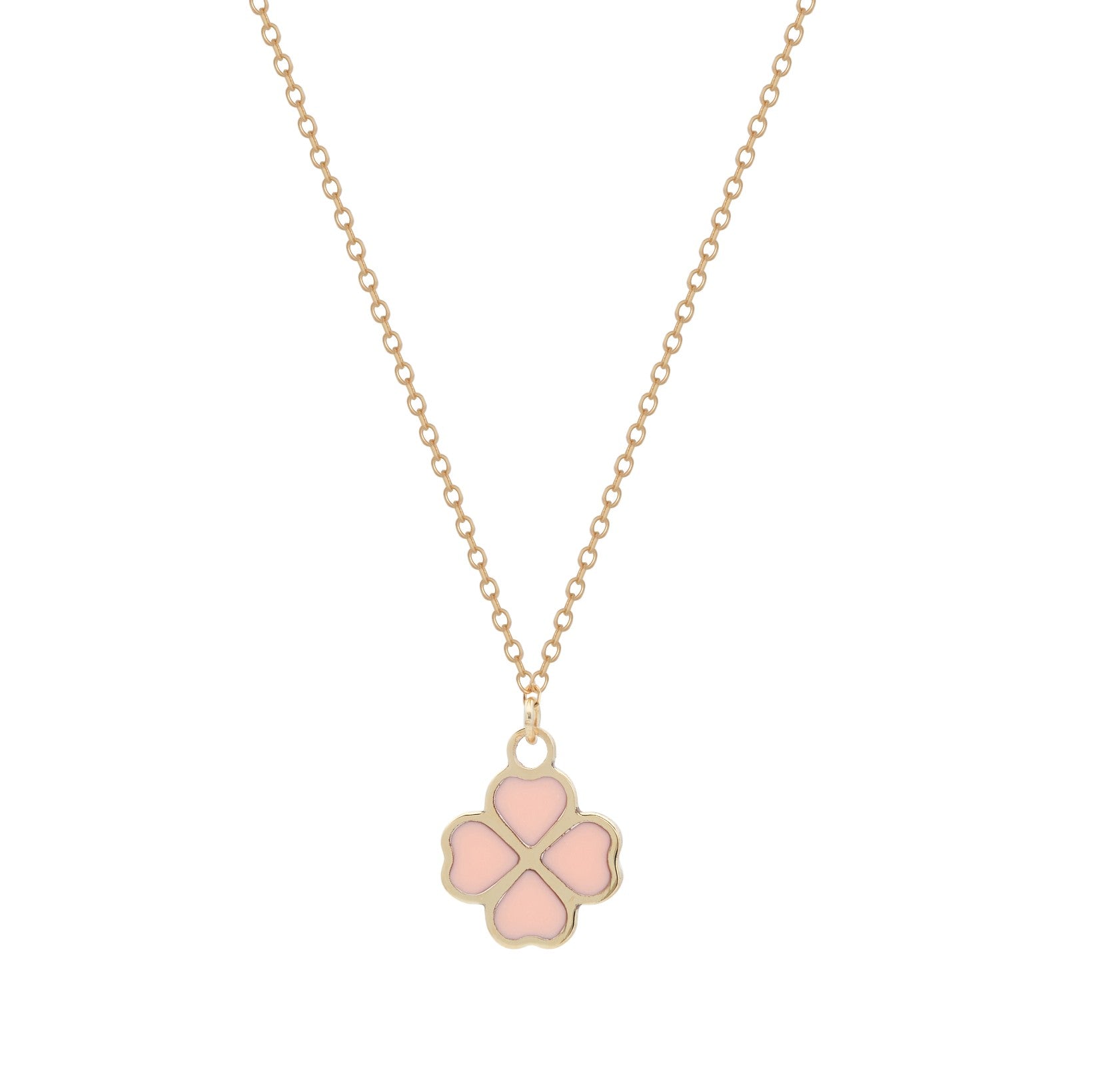14K Yellow Gold Minimalist Pink Four Leaf Clover Necklace