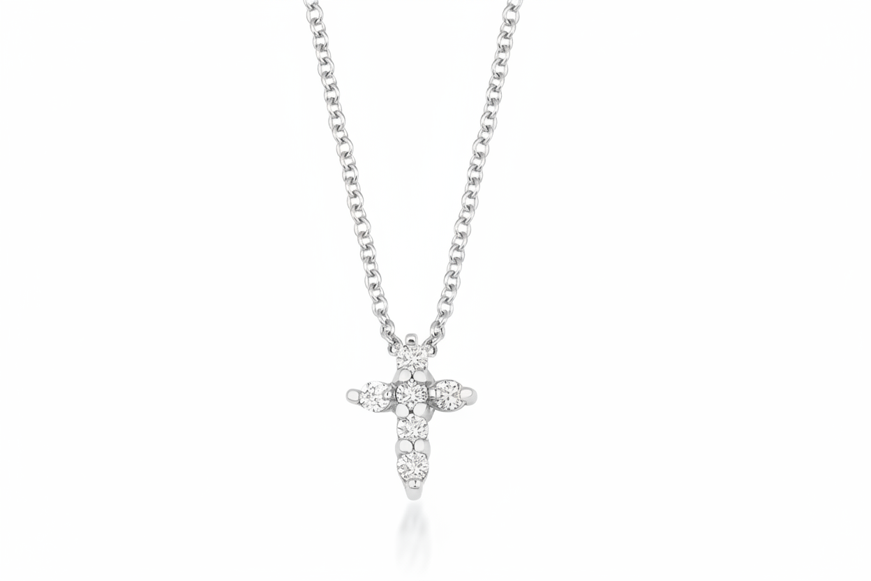 14K White Gold Minimalist Diamond Cross Necklace
