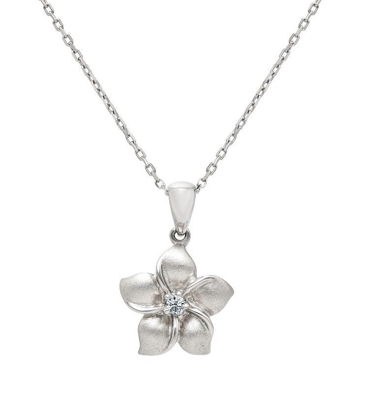 14K solid white gold flower necklace with diamond pendant, measuring 11.80mm, featuring natural sparkle and elegant design.