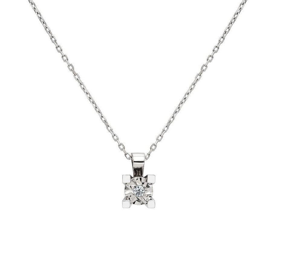 14K solid white gold minimalist diamond solitaire necklace with 5mm diamond pendant, 16-inch chain, sparkling G color SI clarity.