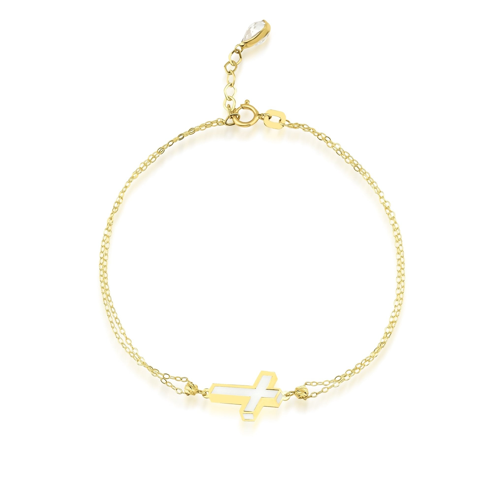 14K solid yellow gold 3D small cross bracelet, elegant and dainty design, perfect for everyday wear.