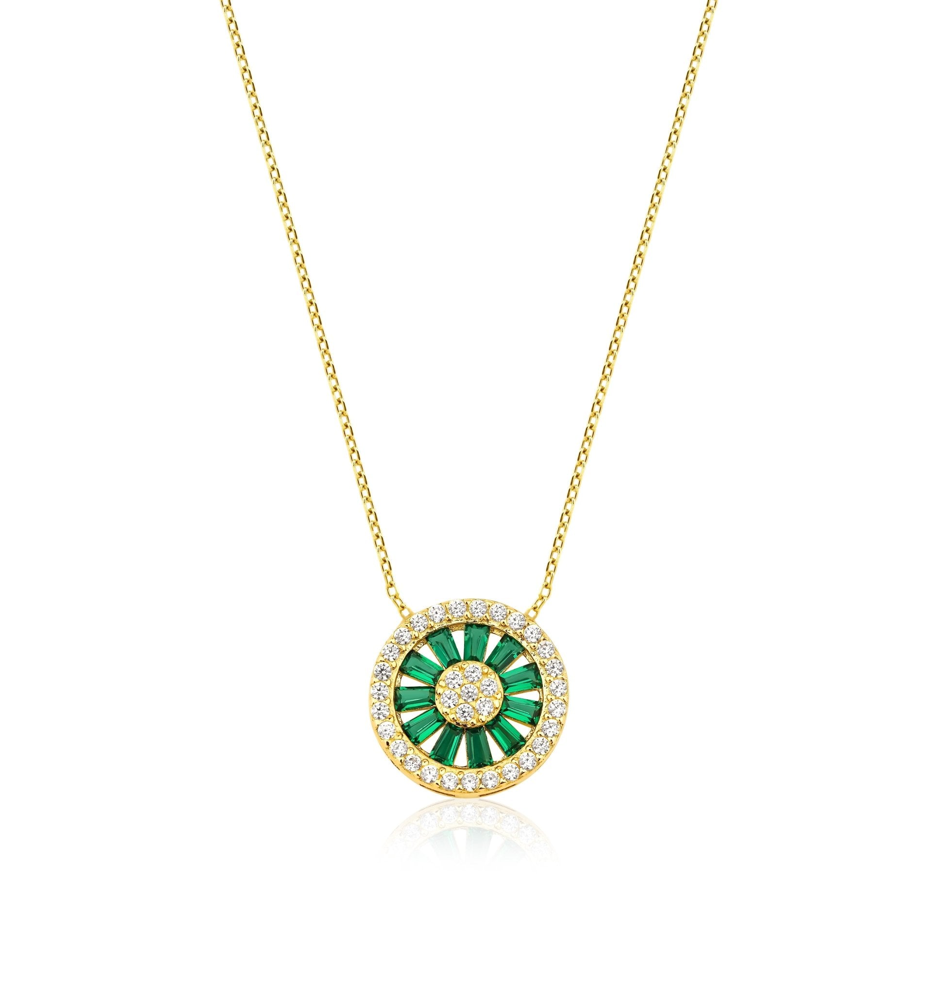 14K solid yellow gold necklace featuring a round pendant with baguette emeralds and CZ stones, perfect for everyday elegance.