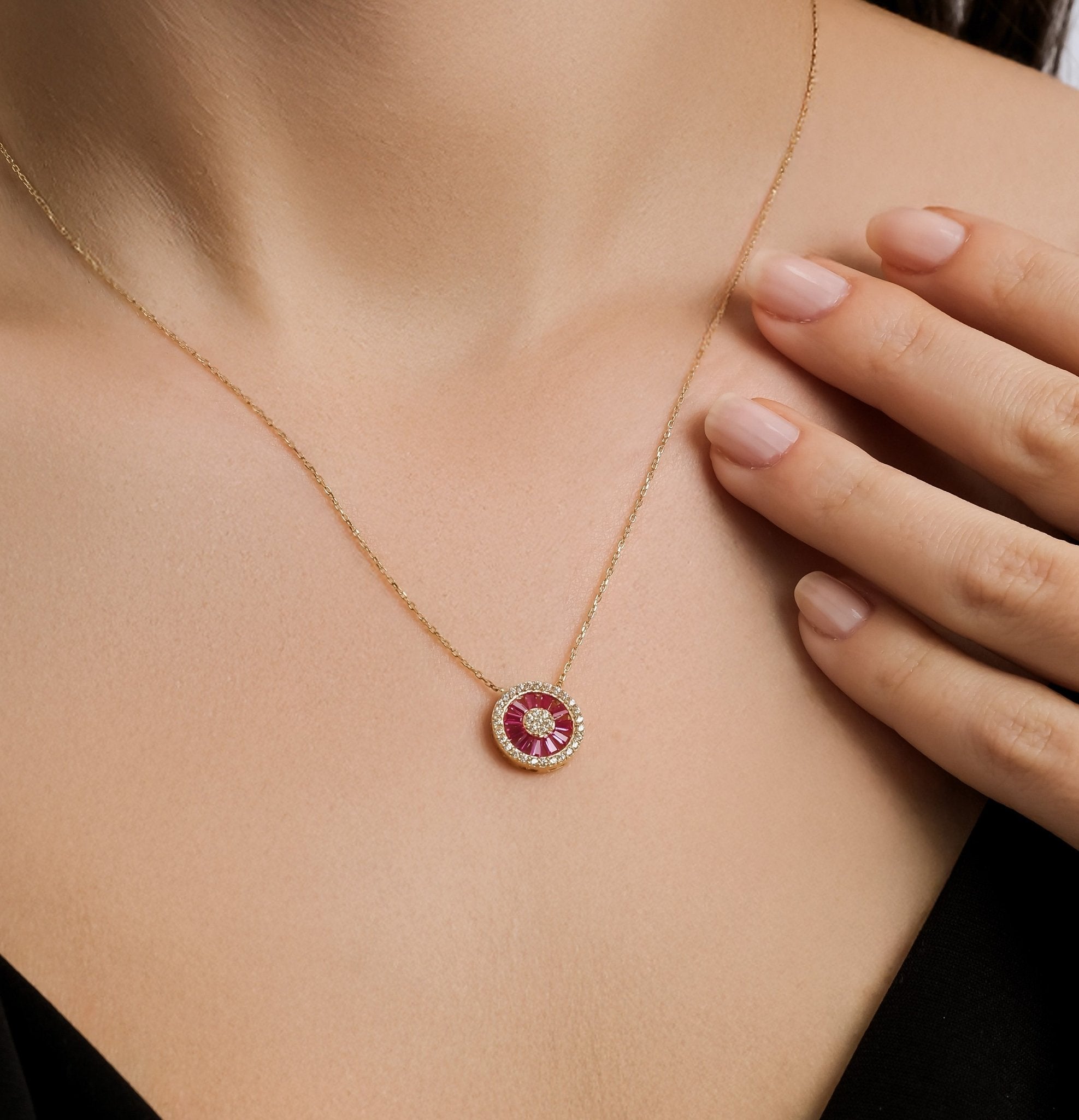 Model showcasing a 14K solid yellow gold Baguette ruby necklace with CZ stones, highlighting its elegant design and minimalist style.