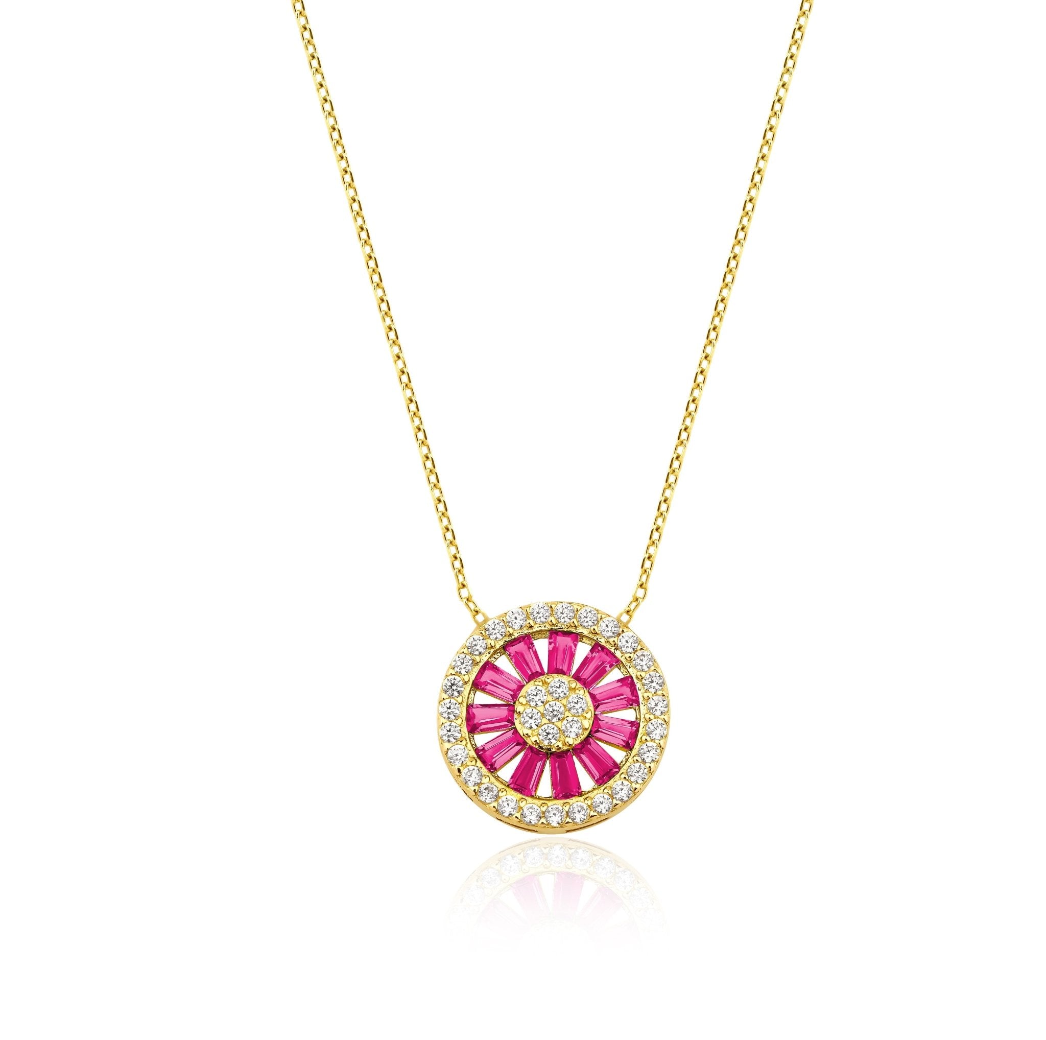 14K solid yellow gold necklace featuring round pendant with baguette rubies and CZ stones, perfect for everyday elegance.