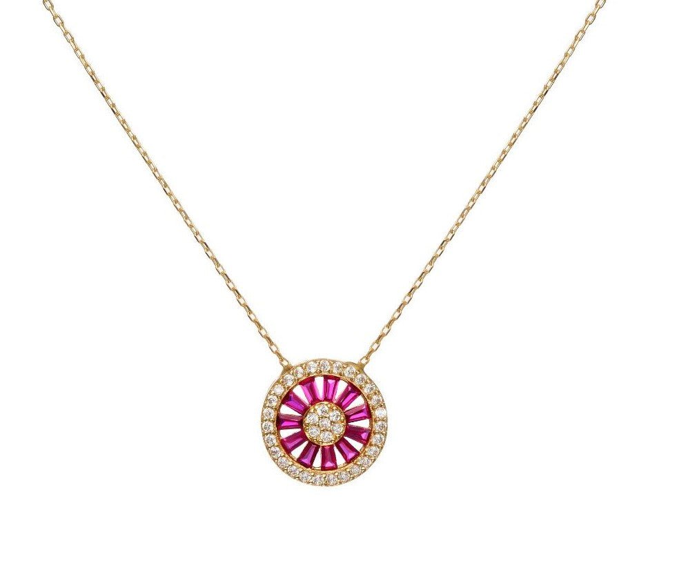 14K solid yellow gold necklace featuring a round pendant with baguette rubies and sparkling CZ stones, ideal for everyday elegance.
