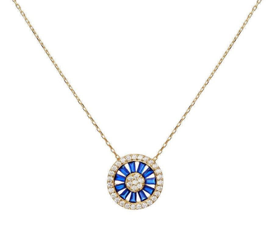 14K solid yellow gold necklace featuring blue baguette sapphires and a sparkling CZ center, perfect for any occasion.