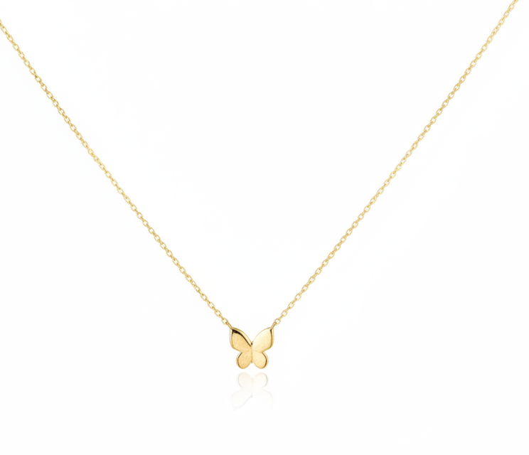 14K Solid Yellow Gold Dainty Butterfly Necklace
