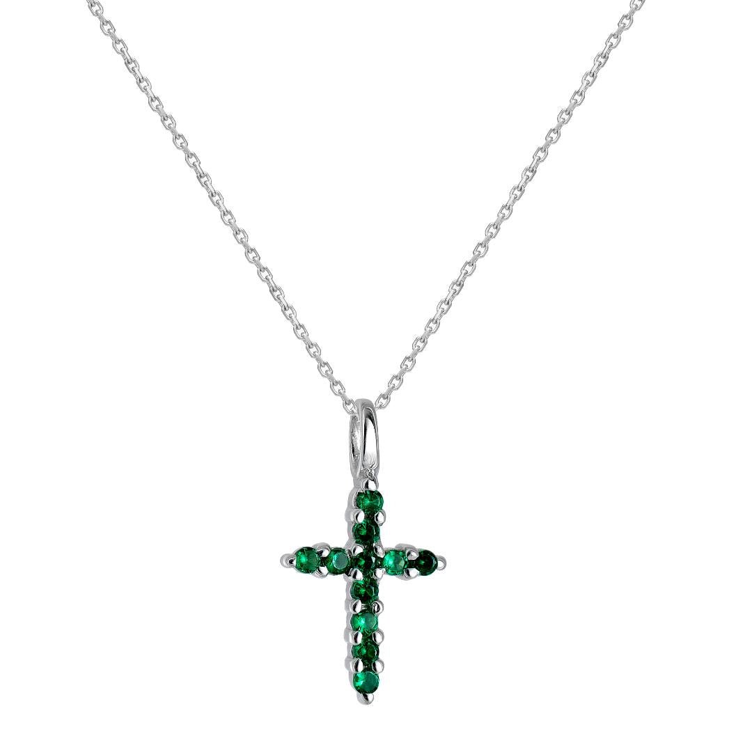 14K Solid Yellow Gold Cross Pendant featuring lab-grown emeralds, delicate design for everyday wear, 16-inch chain.