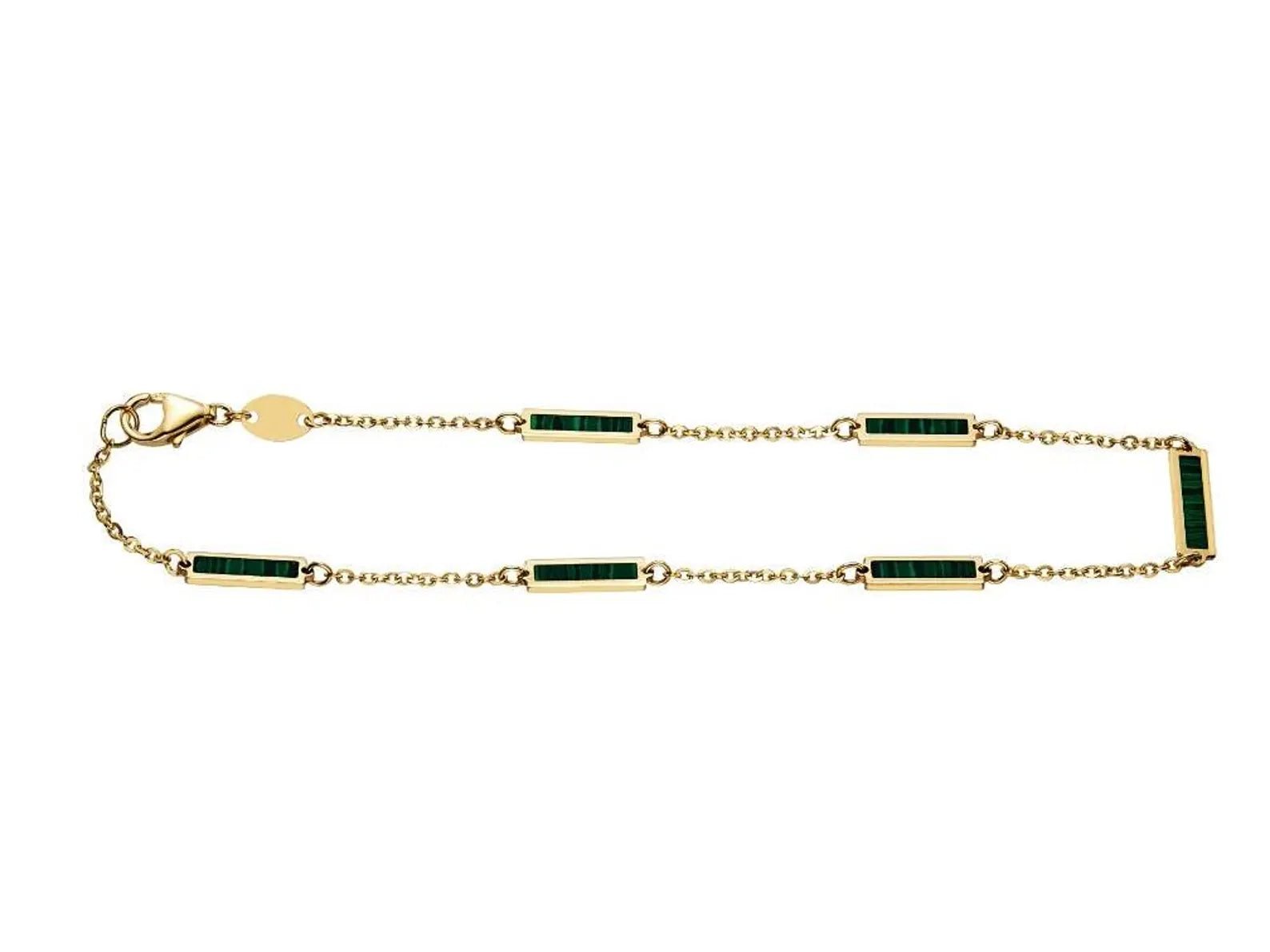 14K solid yellow gold malachite bar bracelet with lobster claw clasp, 7 inches long, elegant gift box included.