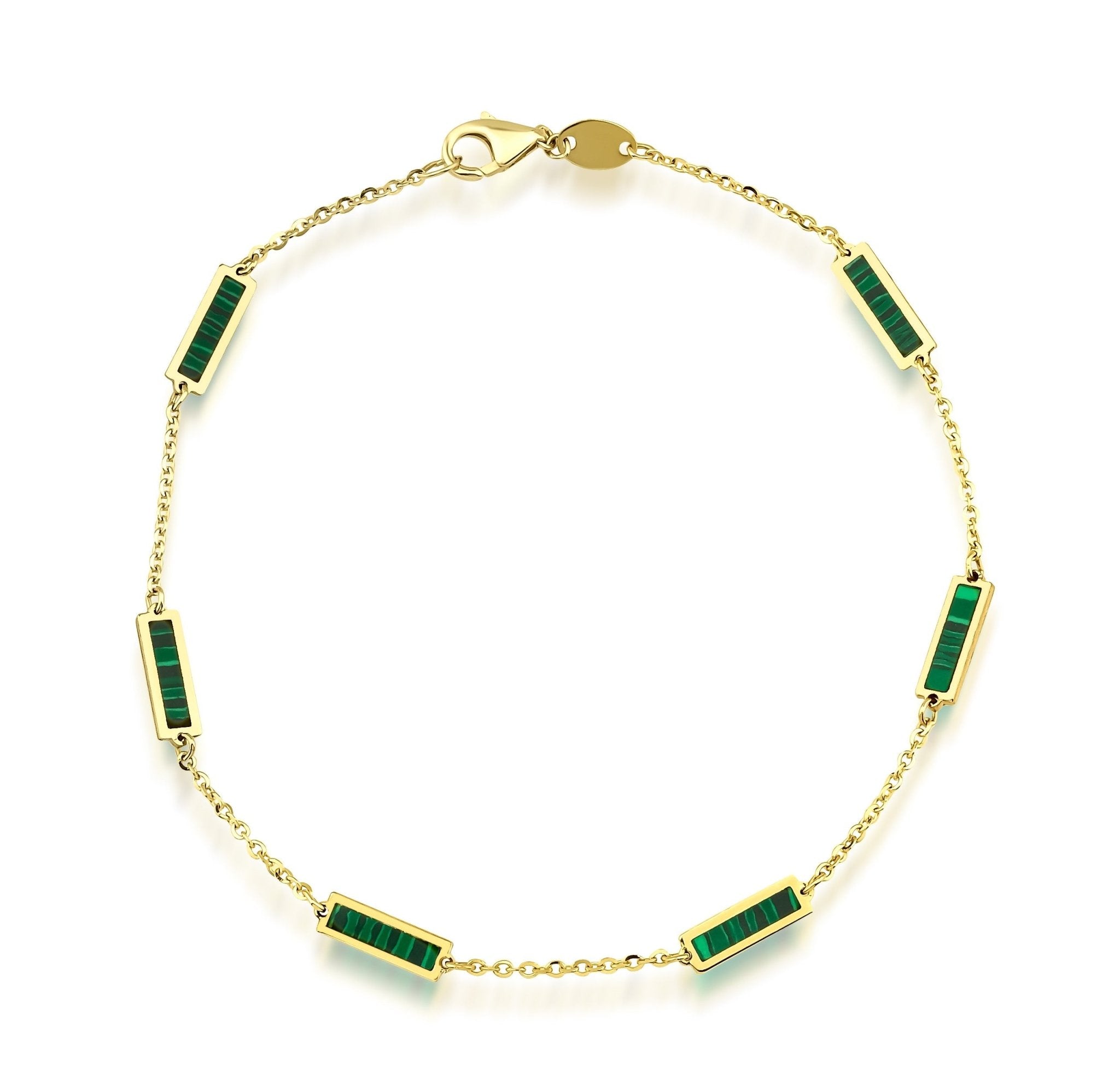 14K solid yellow gold malachite bar bracelet, 7 inches long, featuring stunning green malachite accents, lobster claw clasp.