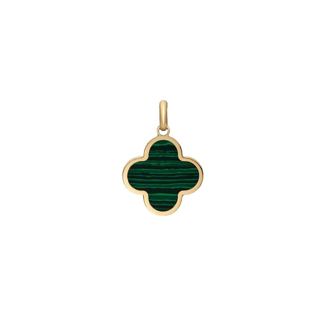 14K solid yellow gold malachite clover pendant, 14mm width, perfect for everyday wear.