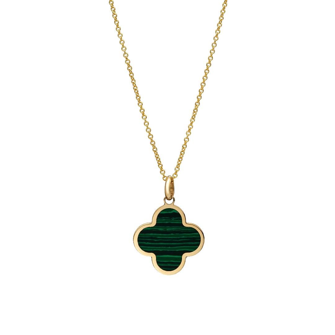 14K solid yellow gold clover pendant necklace featuring malachite, elegant and perfect for everyday wear.