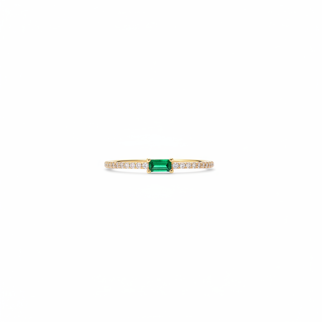 14K Yellow Gold Minimalist Emerald and Diamond Wedding Ring