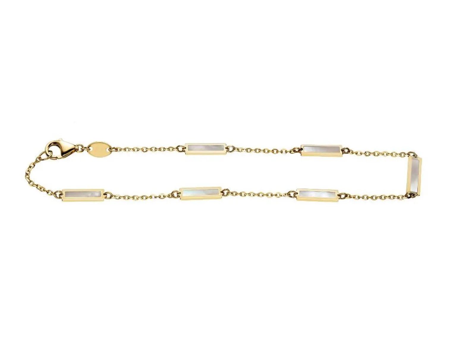 14K solid yellow gold mother of pearl bar bracelet with lobster claw, 7 inches long, elegant gift for any occasion.
