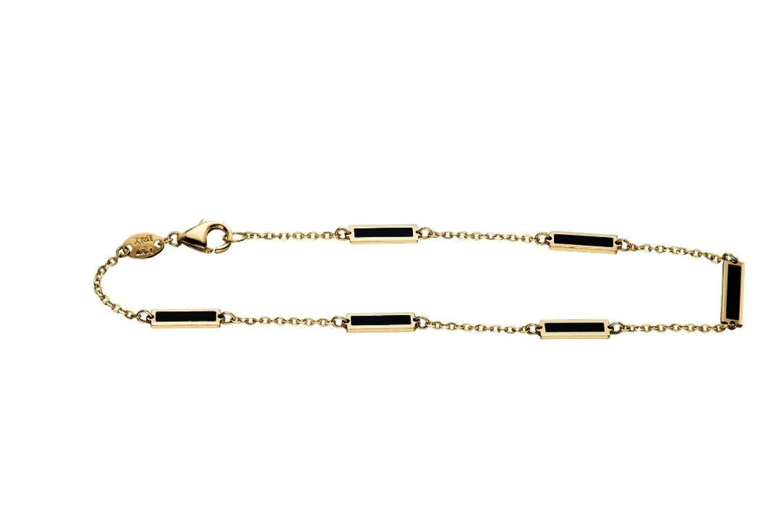 14K solid yellow gold onyx bar bracelet, 7 inches long, featuring stunning black onyx bars and a lobster claw clasp.