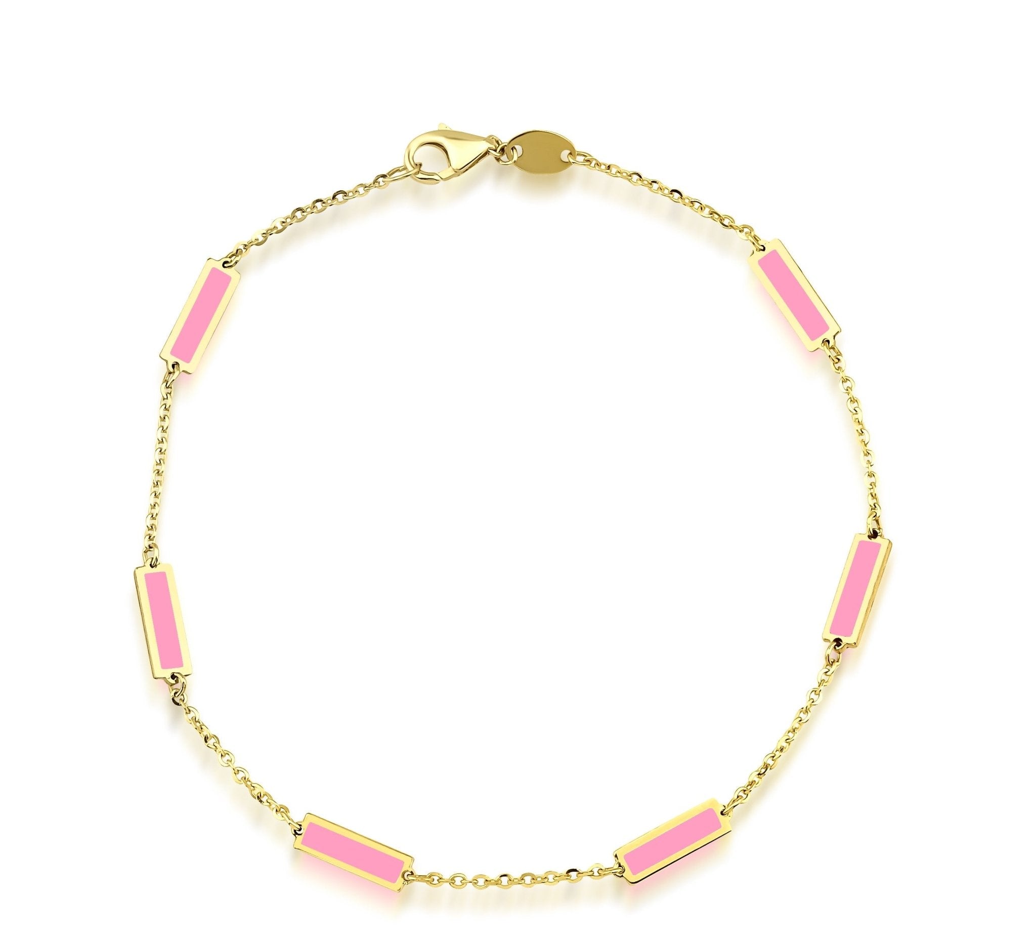 14K solid yellow gold pink bar bracelet, 7 inches long, featuring lobster claw clasp, and styled gift box.