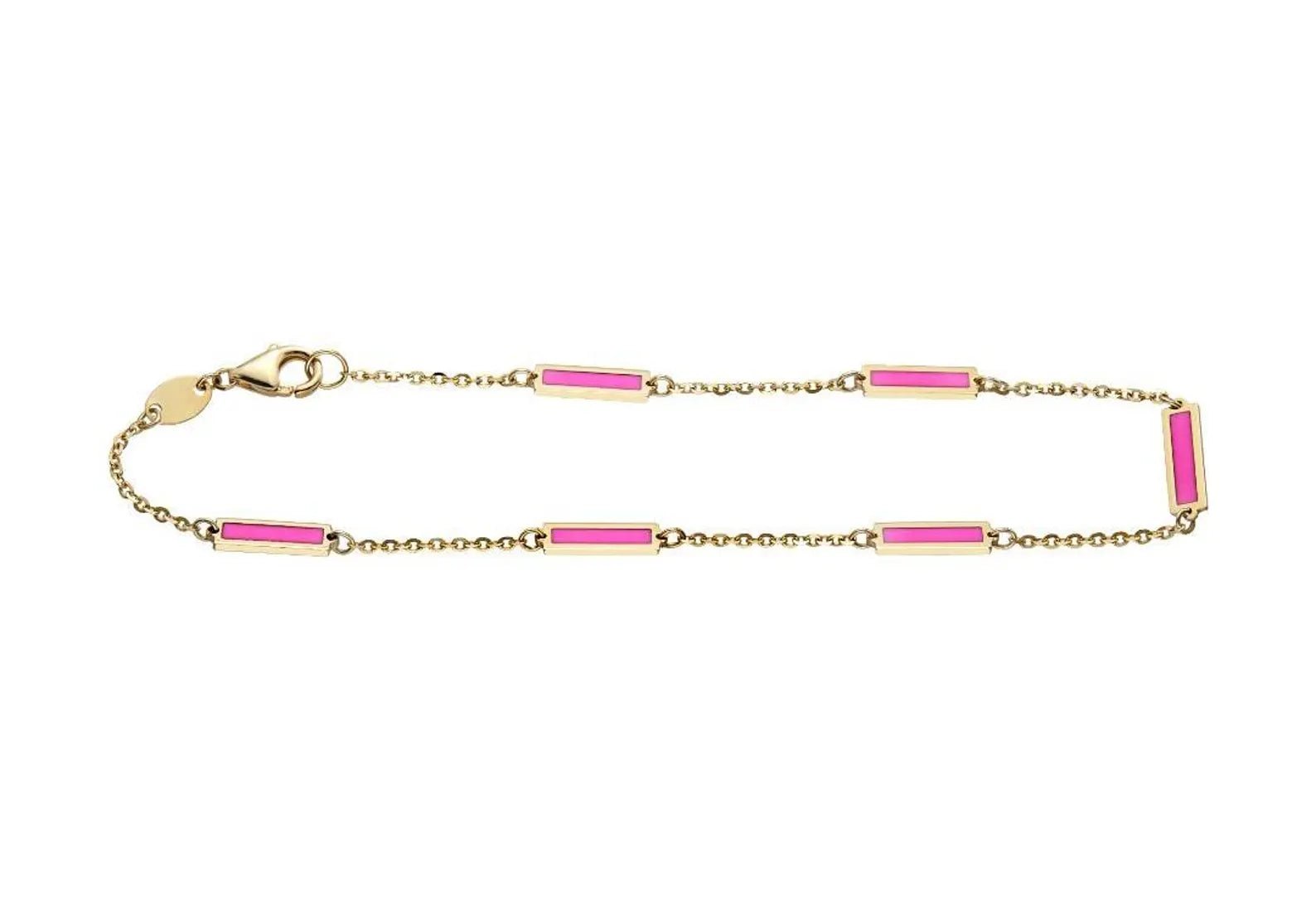 14K solid yellow gold pink bar bracelet with lobster claw clasp, 7 inches long, featuring elegant pink bars.