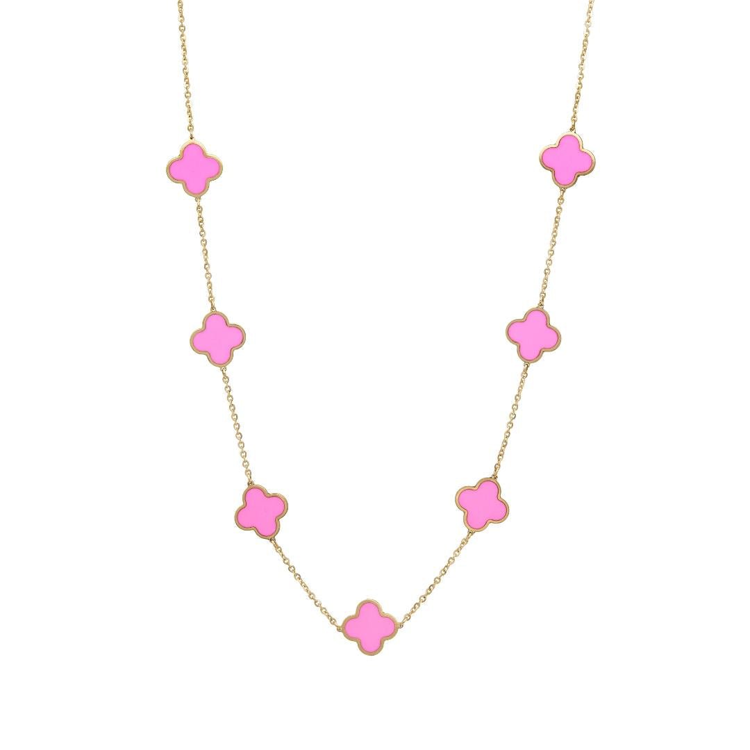 14K Solid Yellow Gold Pink Clover Necklace with elegant clover designs, 16-18 inches, perfect for everyday wear.