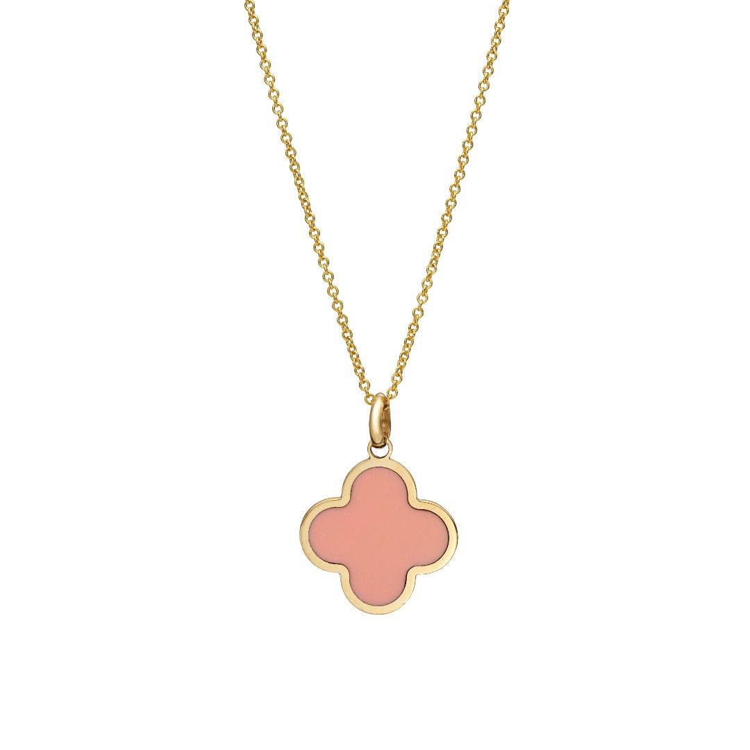 14K solid yellow gold clover pendant necklace with pink enamel, perfect for everyday elegance.