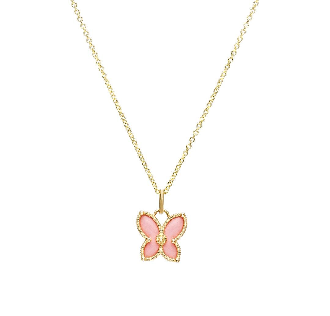 Collier papillon rose en or jaune massif 14 carats