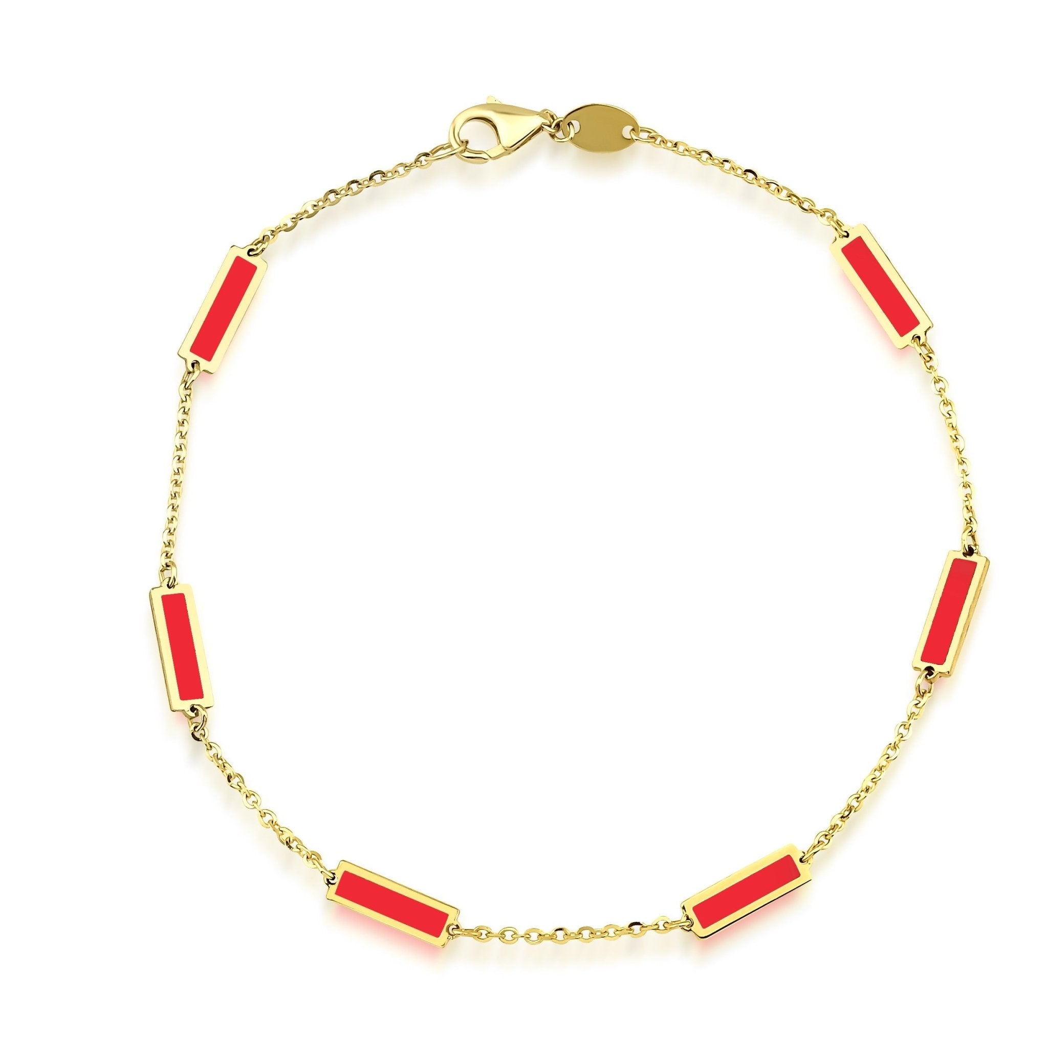 14K solid yellow gold bracelet with red coral bars, 7 inches long, featuring a lobster claw clasp, perfect for gifting.