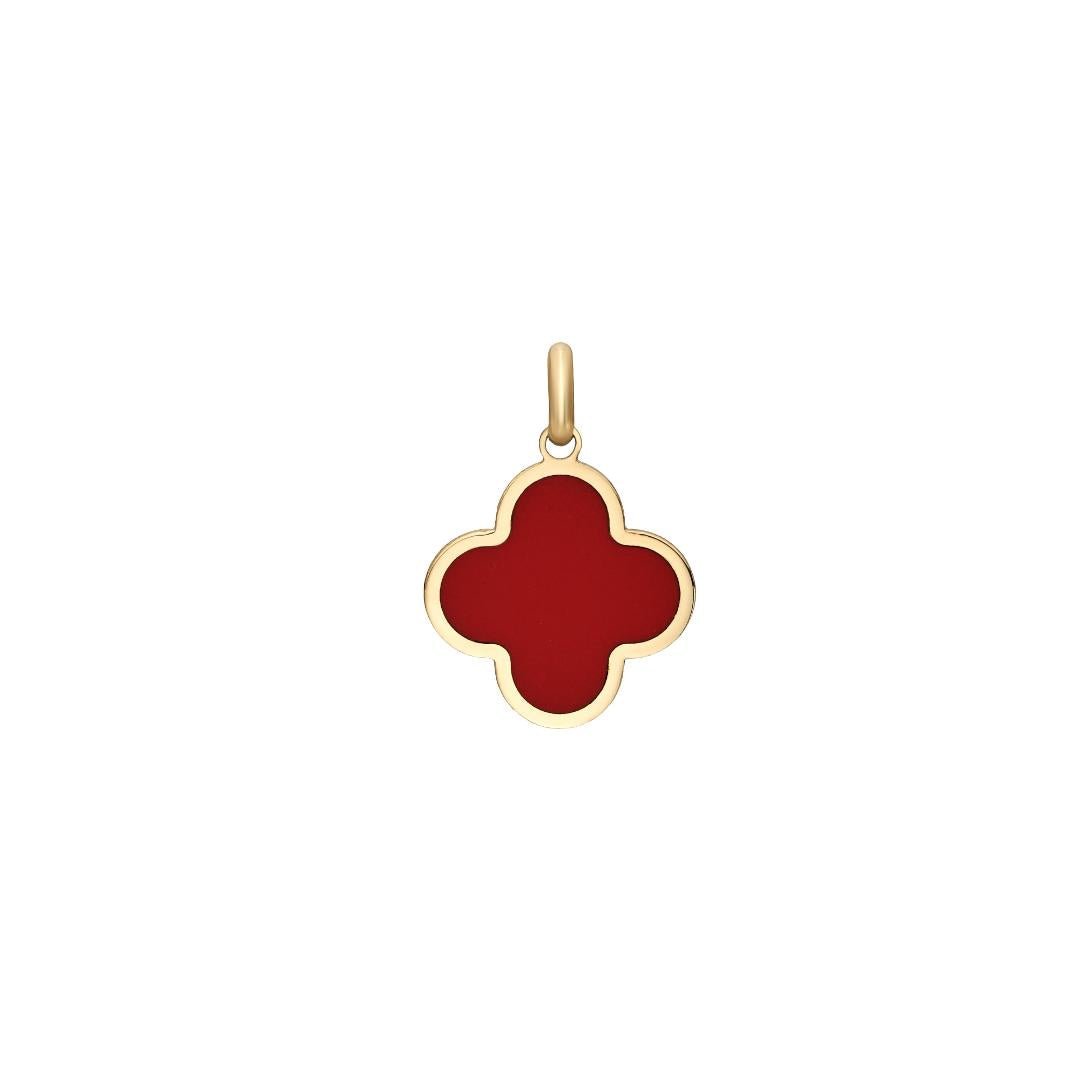 14K solid yellow gold clover pendant with red coral, 14mm size, perfect for everyday wear.