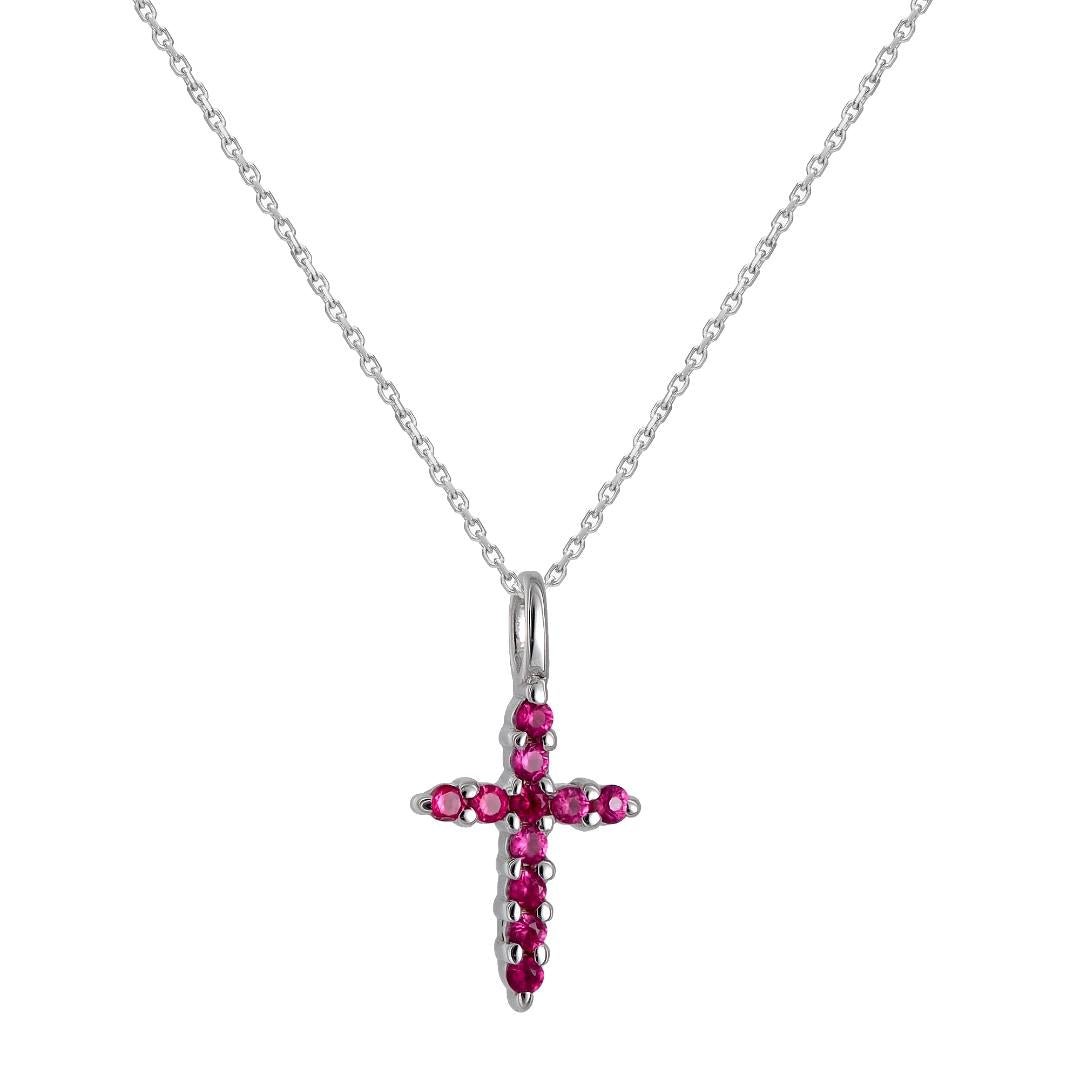 Dainty 14K solid white gold cross pendant necklace adorned with lab-grown rubies, perfect for everyday wear.
