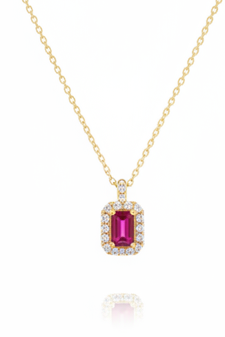 Collier rubis solitaire taille émeraude en or jaune 14 carats