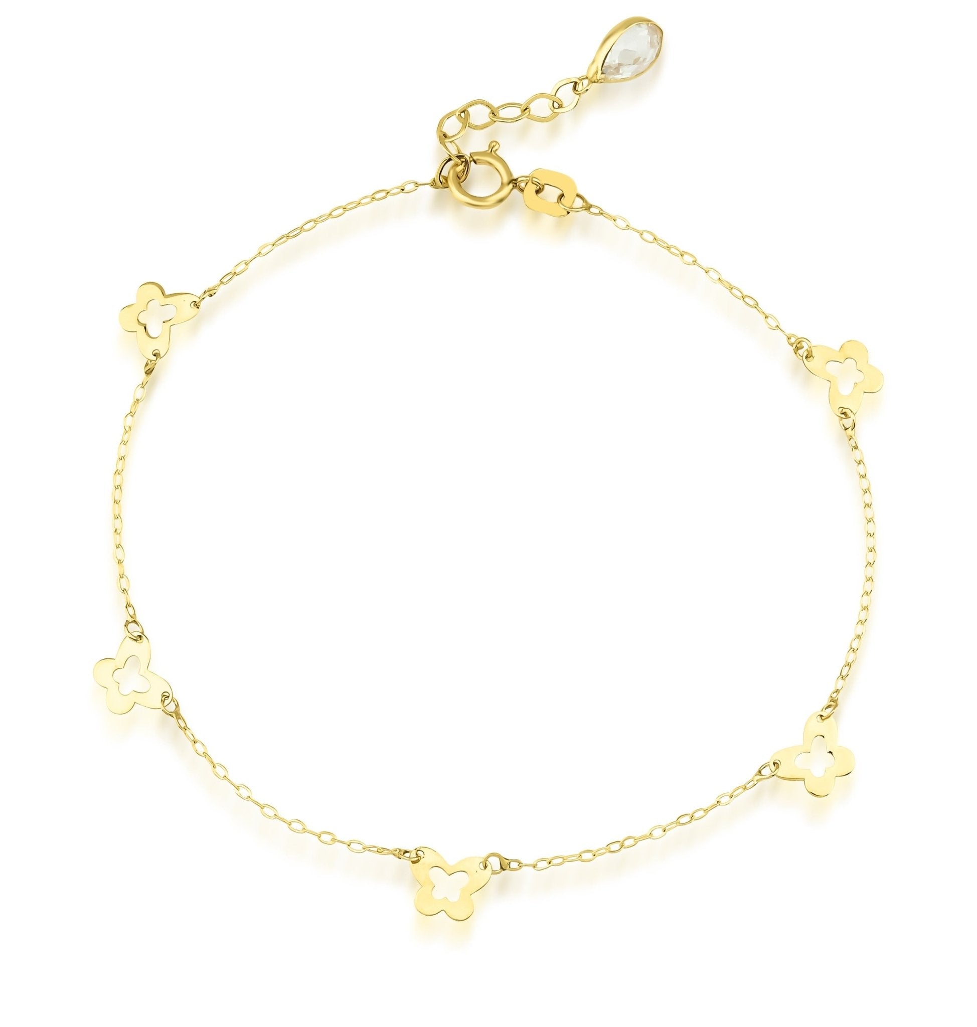 14K solid yellow gold small butterfly station bracelet with five butterfly stations, perfect for everyday wear.