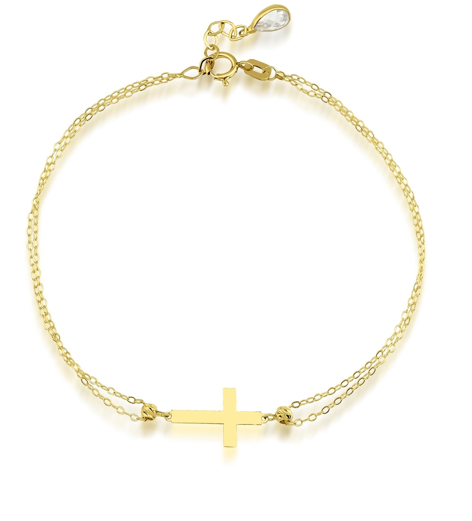 14K solid yellow gold small cross bracelet, 7 inches long, dainty design, perfect for everyday wear, comes in a gift box.