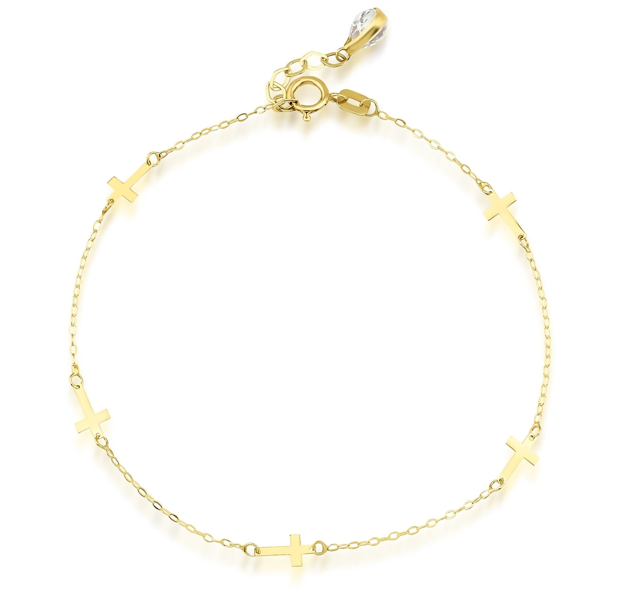 14K solid yellow gold small cross station bracelet with 5 cross stations, adjustable length from 7 to 7.5 inches.