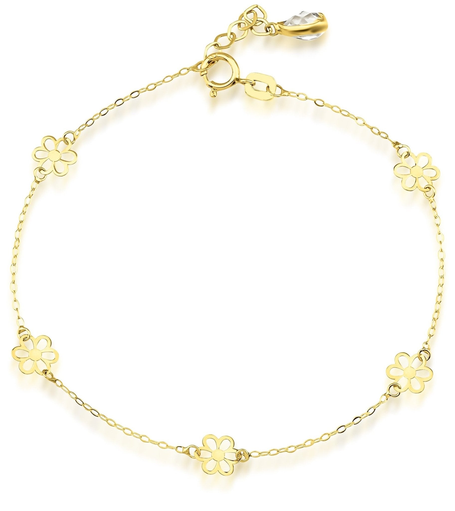14K solid yellow gold daisy flower station bracelet with five flowers, 6.75 inches, elegant and dainty design.
