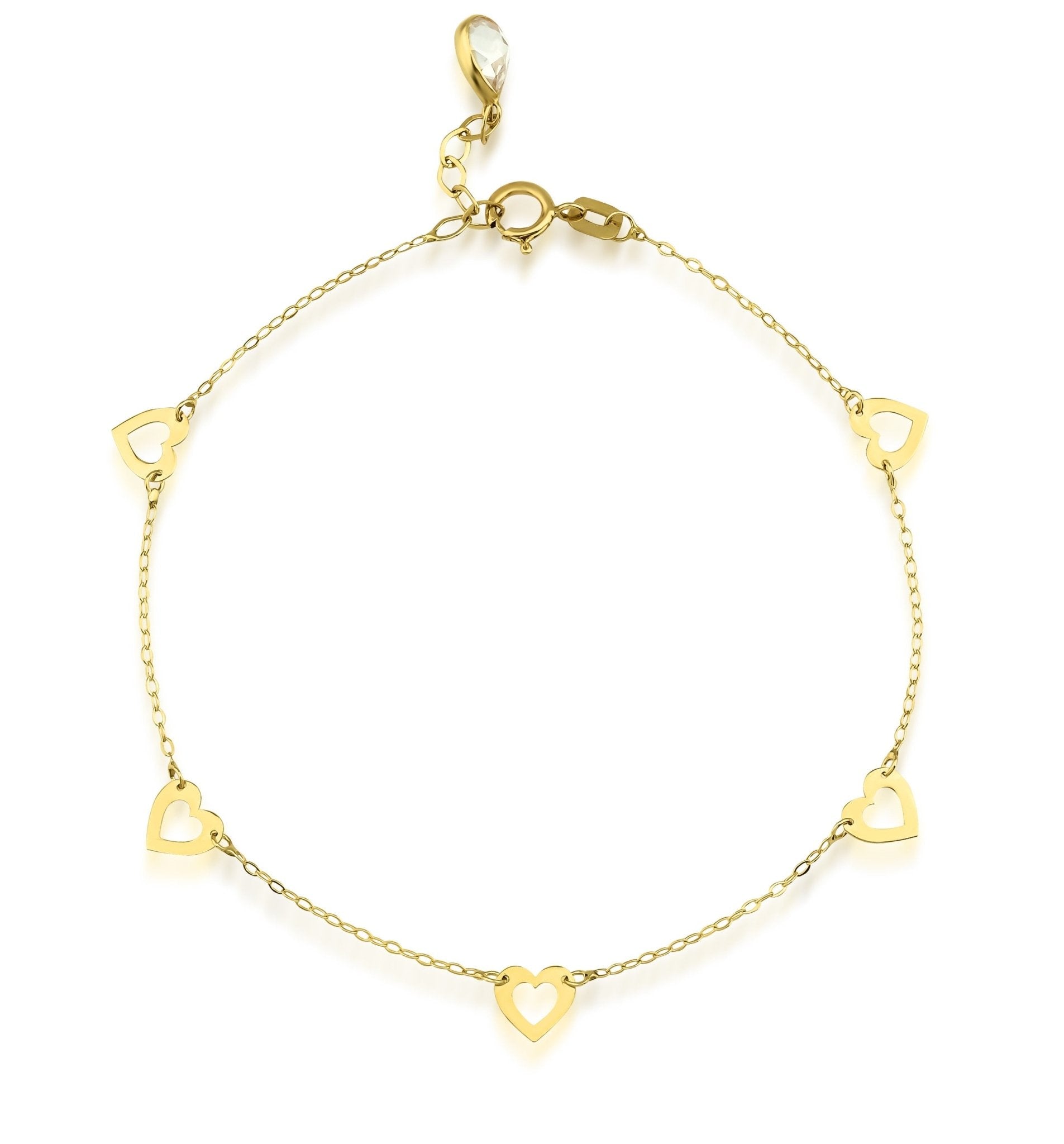 14K solid yellow gold small heart station bracelet with five heart stations, perfect for everyday wear, in gift box.