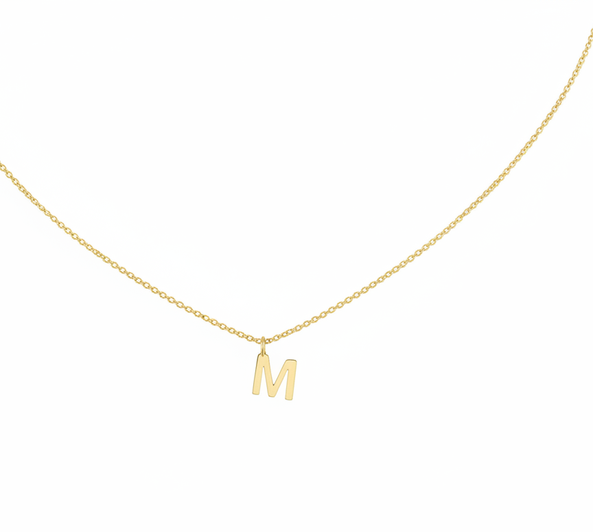 Collier initial en or jaune massif 14K, collier lettre M
