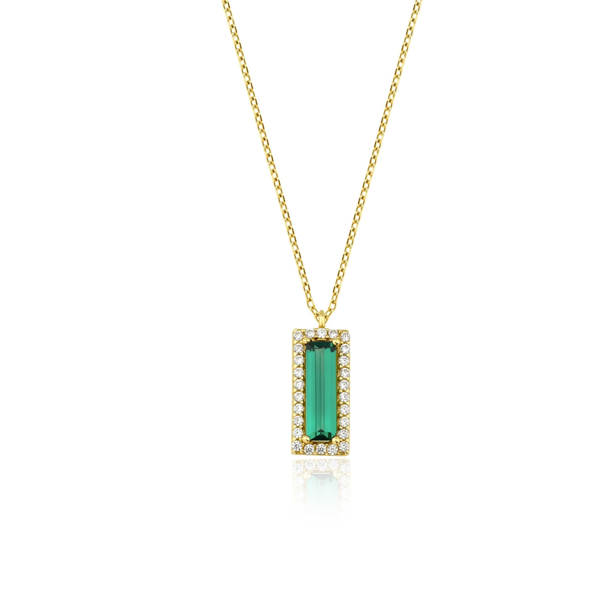 14K solid yellow gold necklace featuring a baguette emerald pendant with CZ stones, perfect for minimalistic style.