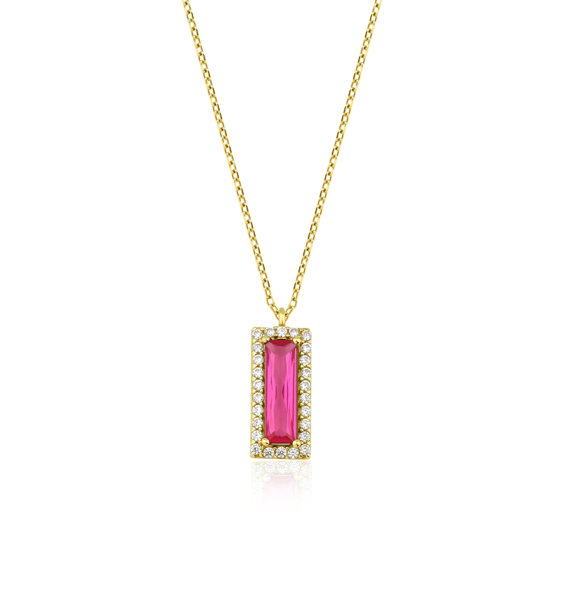 14K solid yellow gold necklace featuring a baguette ruby pendant surrounded by CZ stones.